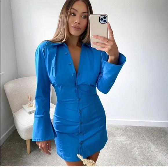 zara blue cotton dress ZARA. Blue neckline Tm  Hibuy market